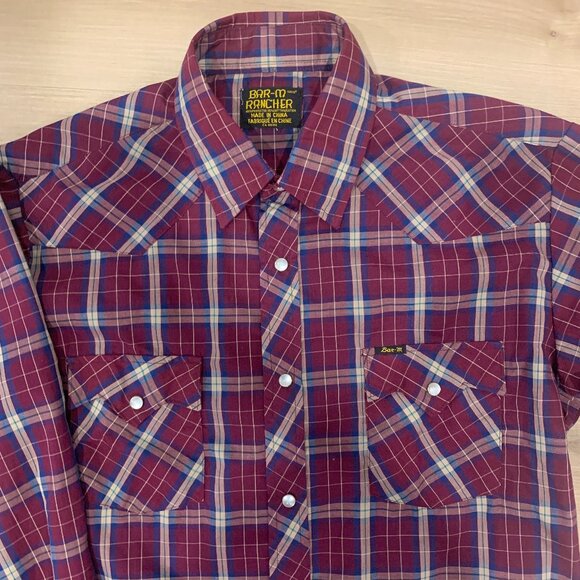 Bar-M Rancher button down plaid red/blue Men's shirt with pearl snaps - Picture 3 of 7